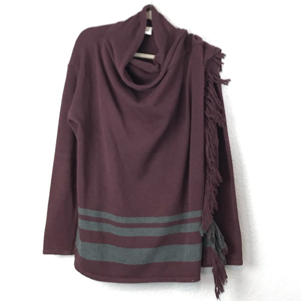 CAbi Plum and Gray Striped Fringe Poncho Sweater